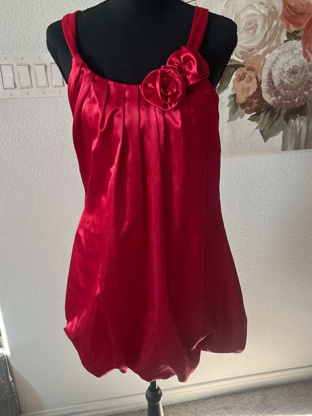Wet Seal Red Satin Sleeveless Bubble-Hem Tank with Flower Accent